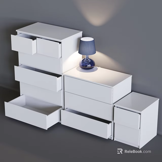 Modern White Chest of Drawers with Multiple Drawers and Blue Table Lamp 3d model 