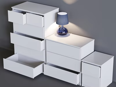 Modern White Chest of Drawers with Multiple Drawers and Blue Table Lamp 3d model