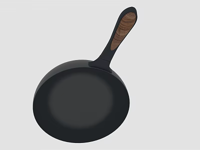 Black Cast Iron Frying Pan With Wooden Handle For Kitchen Cooking 3d model
