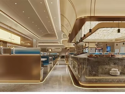 Elegant Modern Restaurant Interior With Marble Bar Counter Blue Booths And Pendant Lights 3d model