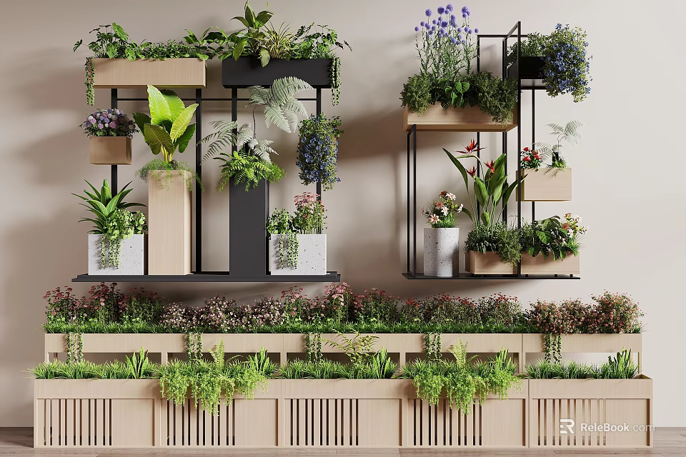 Indoor Vertical Garden with Wall Mounted Shelves and Various Hanging Potted Flowers Plants 3d model 