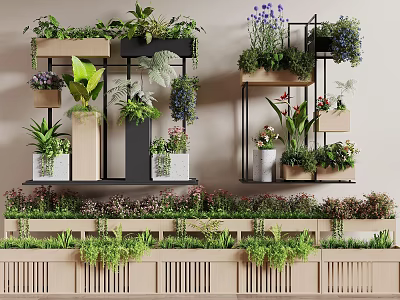 Indoor Vertical Garden with Wall Mounted Shelves and Various Hanging Potted Flowers Plants 3d model