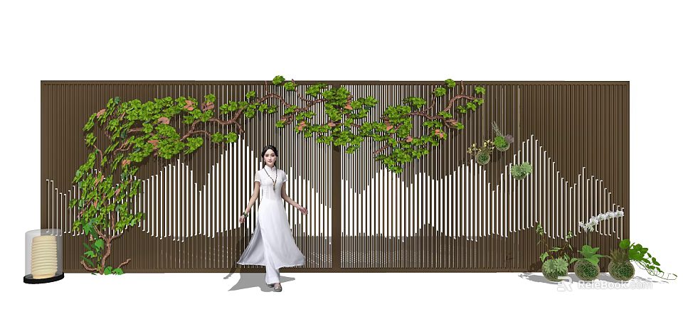 Wooden Scenic Wall Design With Green Vines Leaves And Mountain Pattern 3d model 