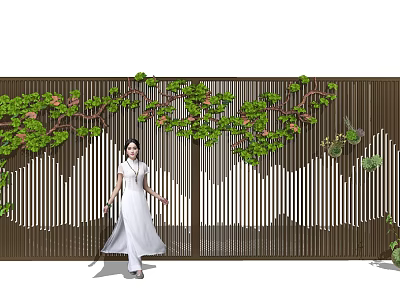 Wooden Scenic Wall Design With Green Vines Leaves And Mountain Pattern 3d model