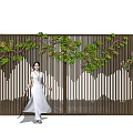 Wooden Scenic Wall Design With Green Vines Leaves And Mountain Pattern