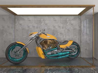 Yellow Motorcycle With Blue Accents In Golden Framed Display Space Gray Wall Marble Floor 3d model