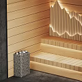Sauna Decorative Accessories Set Including Stacked Towels Bath Amenities Stone Decor With Wooden Slats Lighting