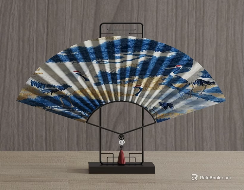 Fan Shaped Decorative Ornament Set With Blue White Crane Landscape And Black Metal Stand 3d model 