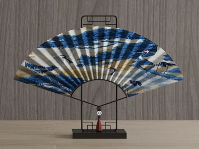 Fan Shaped Decorative Ornament Set With Blue White Crane Landscape And Black Metal Stand 3d model