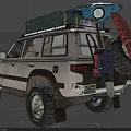 White Off Road SUV With Roof Rack Surfboard Luggage Muddy Body And Off Road Tires