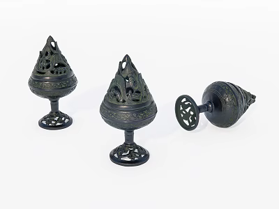 Three Piece Black Metal Decorative Ornament Set With Intricate Hollow Design And Ornate Base 3d model