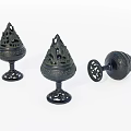 Three Piece Black Metal Decorative Ornament Set With Intricate Hollow Design And Ornate Base