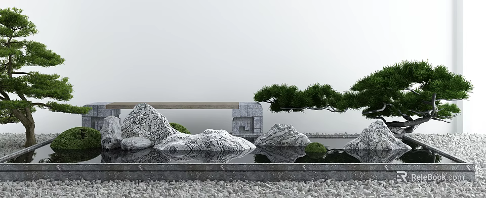 Garden Ornament Design with White Textured Stones Pine Tree Water Pool Reflection and Gravel Ground 3d model 