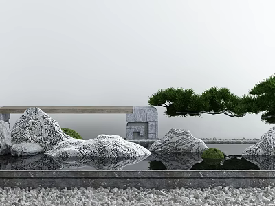 Garden Ornament Design with White Textured Stones Pine Tree Water Pool Reflection and Gravel Ground 3d model