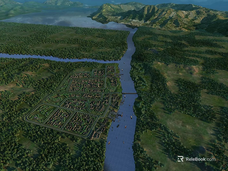 Aerial Planning of River Surrounded Planned Area with Forest and Mountains 3d model 