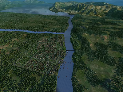 Aerial Planning of River Surrounded Planned Area with Forest and Mountains 3d model