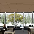Modern Sales Office Open Interior With Wooden Ceiling Chandeliers Floor to Ceiling Windows Outdoor View