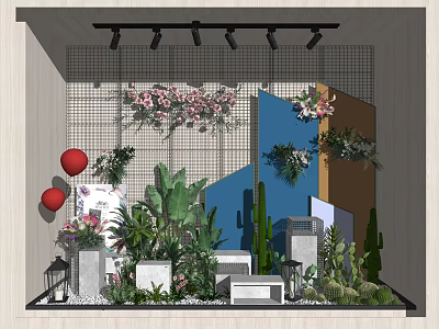 Stylish Window Display With Green Plants Colorful Flowers Geometric Decor And Red Balloons 3d model