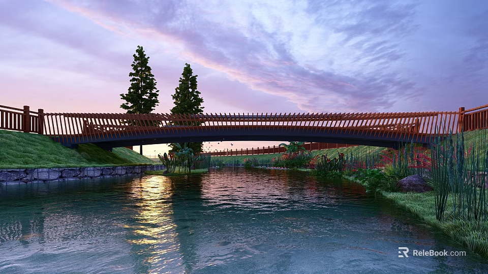 Wooden Bridge Over River With Sunset Sky Purple Pink Clouds And Trees 3d model 