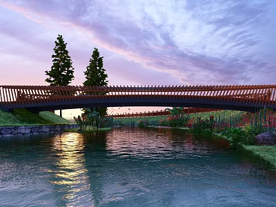 Wooden Bridge Over River With Sunset Sky Purple Pink Clouds And Trees 3d model
