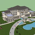 European Style Architecture Grand Villa With Black Roof Arched Windows And Lush Lawn
