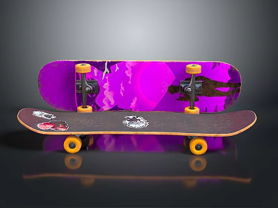 Stylish Skateboard Decks With Purple Black Graphics Yellow Wheels And Black Trucks 3d model