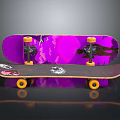 Stylish Skateboard Decks With Purple Black Graphics Yellow Wheels And Black Trucks