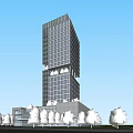 Modern High Rise Office Building With Glass Curtain Wall And Greenery Surrounding Trees And Lawn