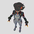 Game Movie Character In Tech Inspired Futuristic Gray Combat Suit With Red Accents Flaming Hands