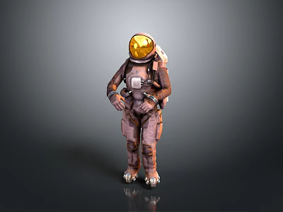 Game Movie Character in Brown Spacesuit Featuring Gold Helmet and Detailed Futuristic Design 3d model