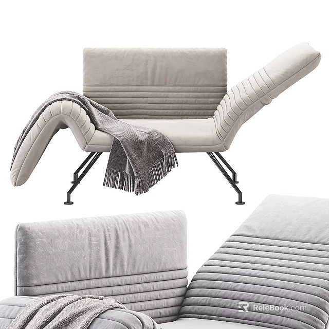 Light Gray Leisure Chair with Striped Upholstery and Cozy Gray Blanket on Black Metal Legs 3d model 