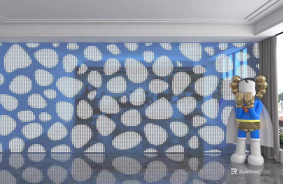 Modern Decorative Blue Perforated Pattern Wall With Light Shadow Effect In Room 3d model 