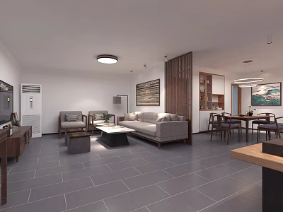Modern Living Dining Room Interior With Gray Sofa Coffee Table Wooden Partition And Dining Chairs 3d model