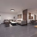 Modern Living Dining Room Interior With Gray Sofa Coffee Table Wooden Partition And Dining Chairs