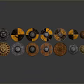 Multiple Decorative Shields With Intricate Patterns And Metallic Orange Black Accents