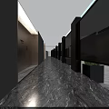 Modern Office Corridor With Marble Floor Potted Plants Recessed Lighting And Glass Partitions