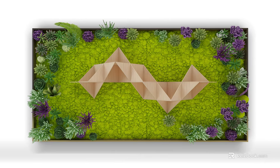 Living Plant Wall Design With Wooden Geometric Structure Green Foliage And Purple Flowers 3d model 
