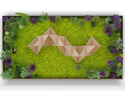 Living Plant Wall Design With Wooden Geometric Structure Green Foliage And Purple Flowers 3d model