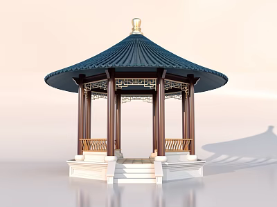 Traditional Chinese Pavilion With Dark Blue Tiled Roof Golden Finial Wooden Columns White Stone Base 3d model