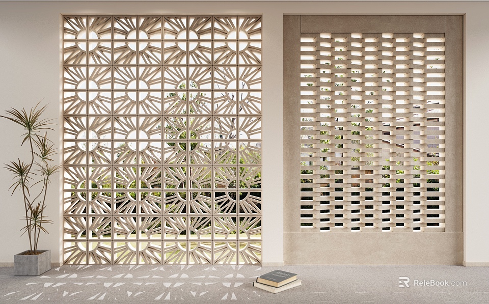 Modern Wooden Room Divider With Geometric Laser Cut Design And Natural Light Filtering 3d model 