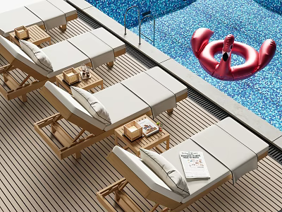 Wooden Lounge Chairs With White Cushions By Swimming Pool On Outdoor Patio 3d model
