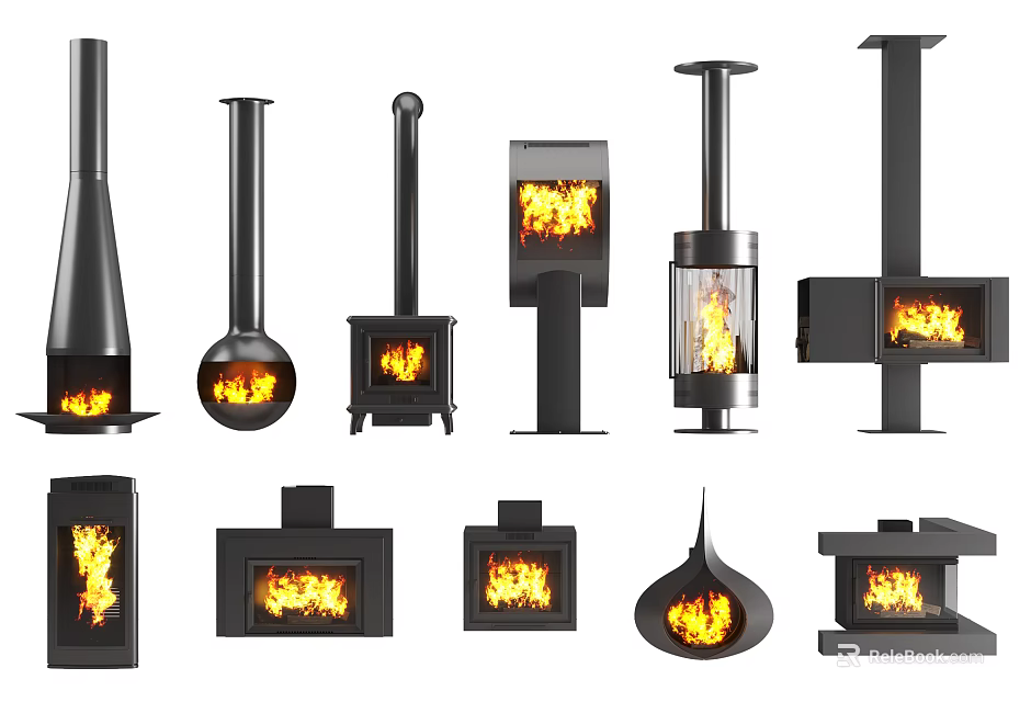 Various Fireplace Designs with Burning Flames and Unique Modern Shapes 3d model