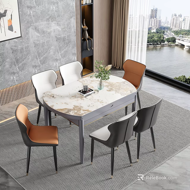 Modern Dining Table Set with Marble Top and Six Leather Chairs with River View Window 3d model 