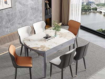Modern Dining Table Set with Marble Top and Six Leather Chairs with River View Window 3d model