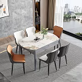 Modern Dining Table Set with Marble Top and Six Leather Chairs with River View Window 3d model