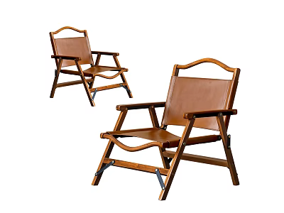 Two Classic Folding Leisure Chairs With Wooden Frame And Leather Seat 3d model