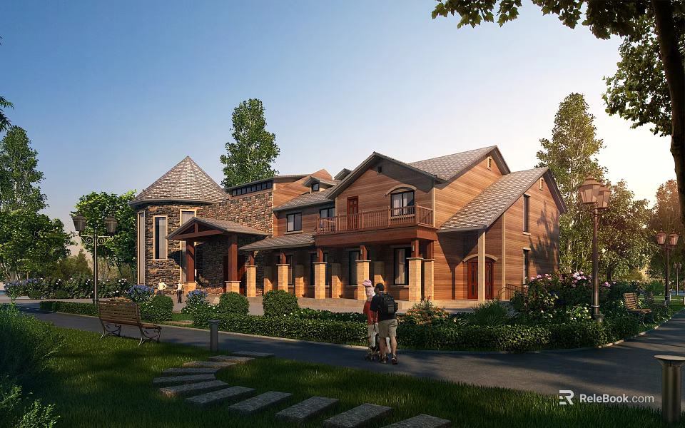 Detached Villa With Wooden And Stone Exterior Surrounded By Greenery Trees And Stone Path 3d model 