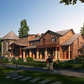 Detached Villa With Wooden And Stone Exterior Surrounded By Greenery Trees And Stone Path