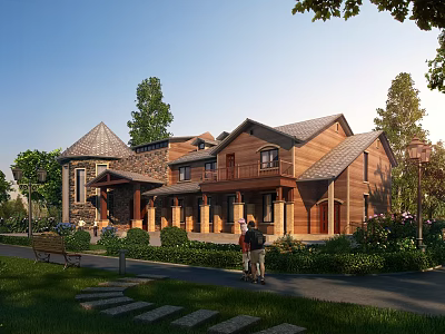 Detached Villa With Wooden And Stone Exterior Surrounded By Greenery Trees And Stone Path 3d model