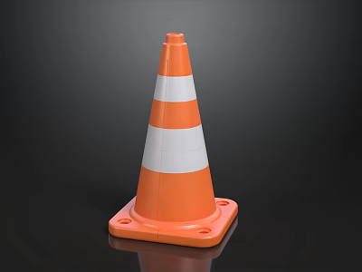 Orange And White Striped Traffic Cone With Square Base On Black Background 3d model
